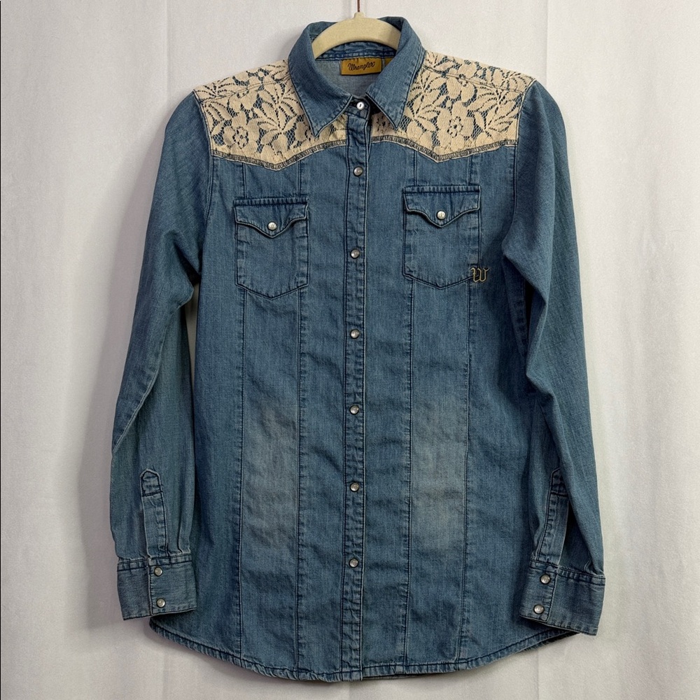 Wrangler Western Denim Shirt Lace Logo Pearl Snap Light Blue Shirt
